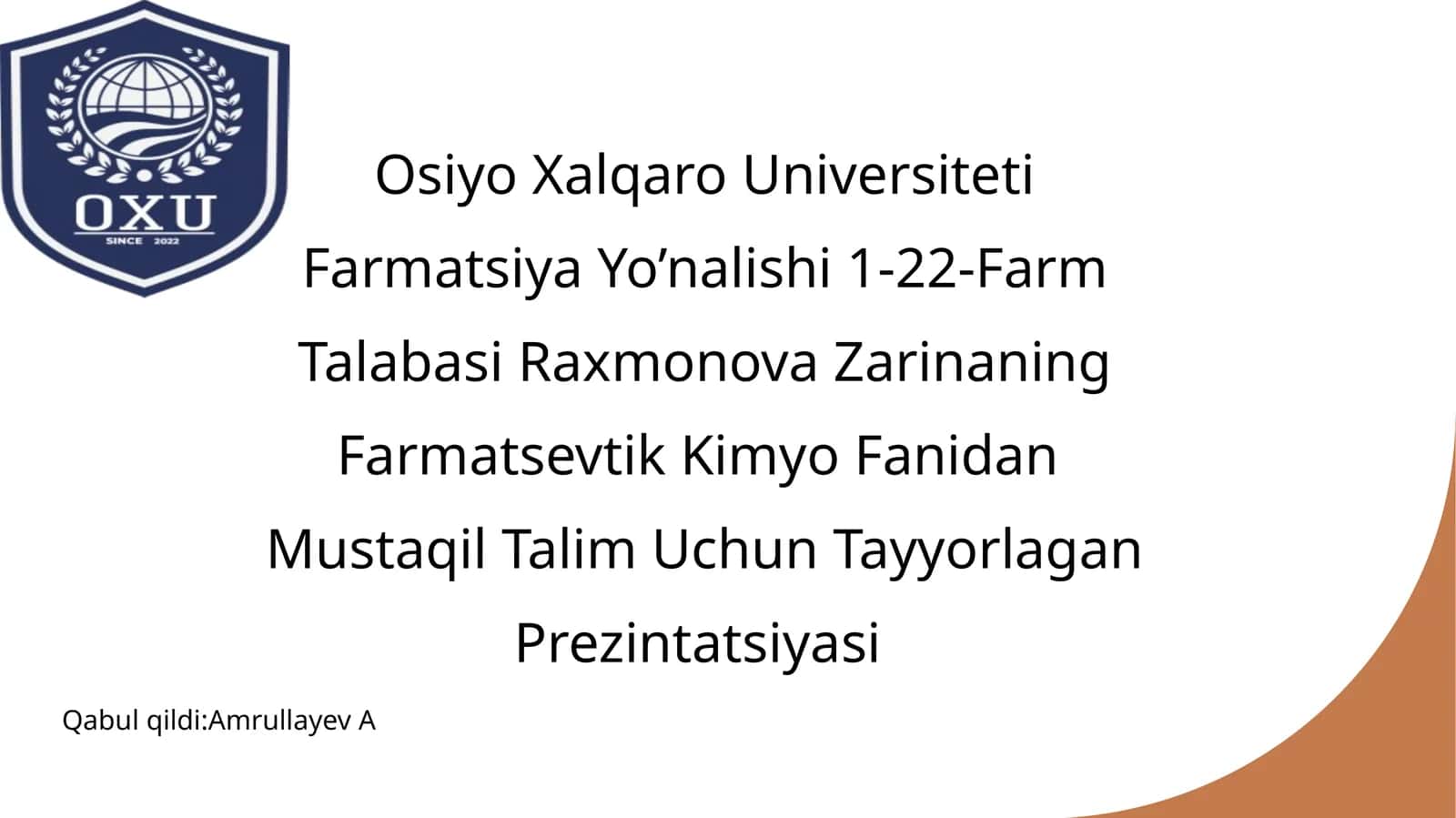 Farmatsevtik Kimyo Fanidan Mustaqil Talim Uchun Tayyorlagan Prezintatsiya