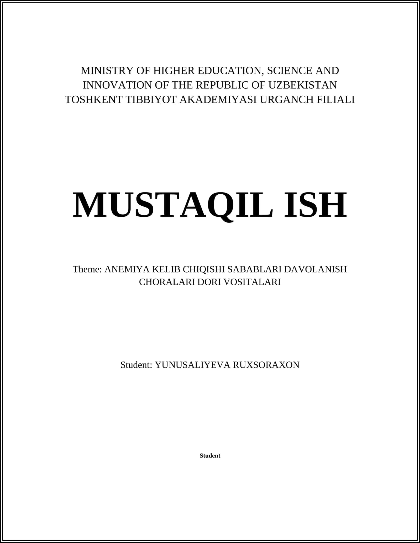 ANEMIYA KELIB CHIQISHI SABABLARI DAVOLANISH CHORALARI DORI VOSITALARI