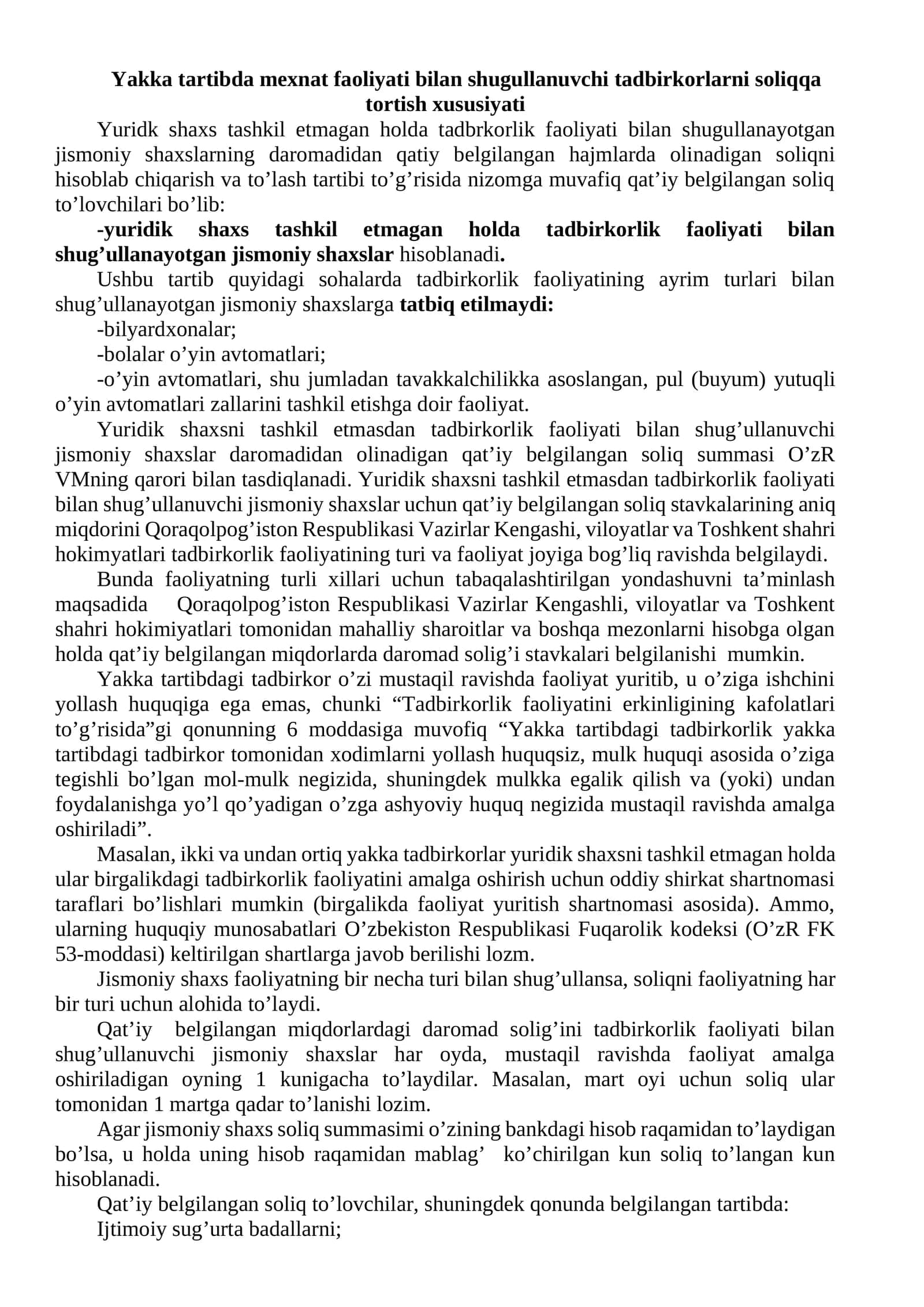 Yakka tartibda mehnat faoliyati bilan shug'ullanuvchi tadbirkorlarni soliqqa tortish xususiyati