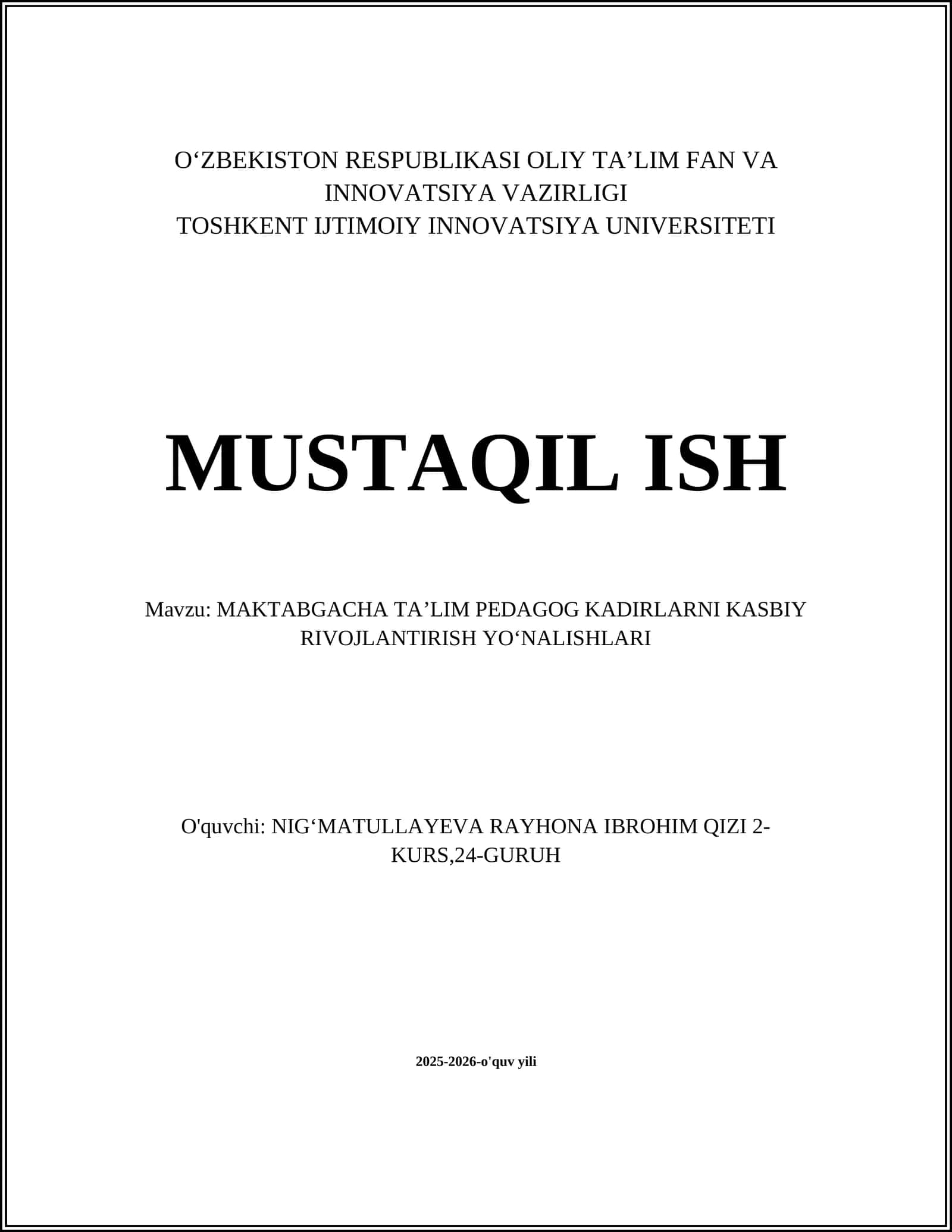 MAKTABGACHA TA’LIM PEDAGOG KADIRLARNI KASBIY RIVOJLANTIRISH YOʻNALISHLARI