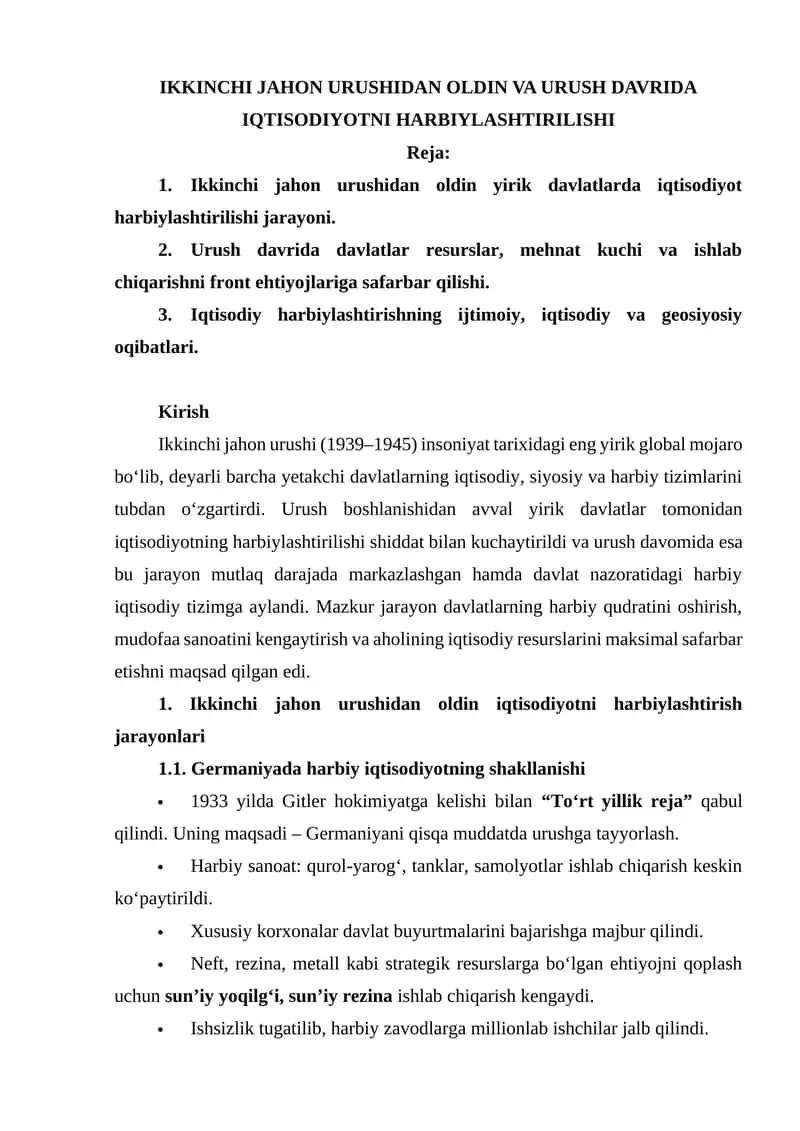 Ikkinchi jahon urushidan oldin va urush davrida iqtisodiyotni harbiylashtirilishi