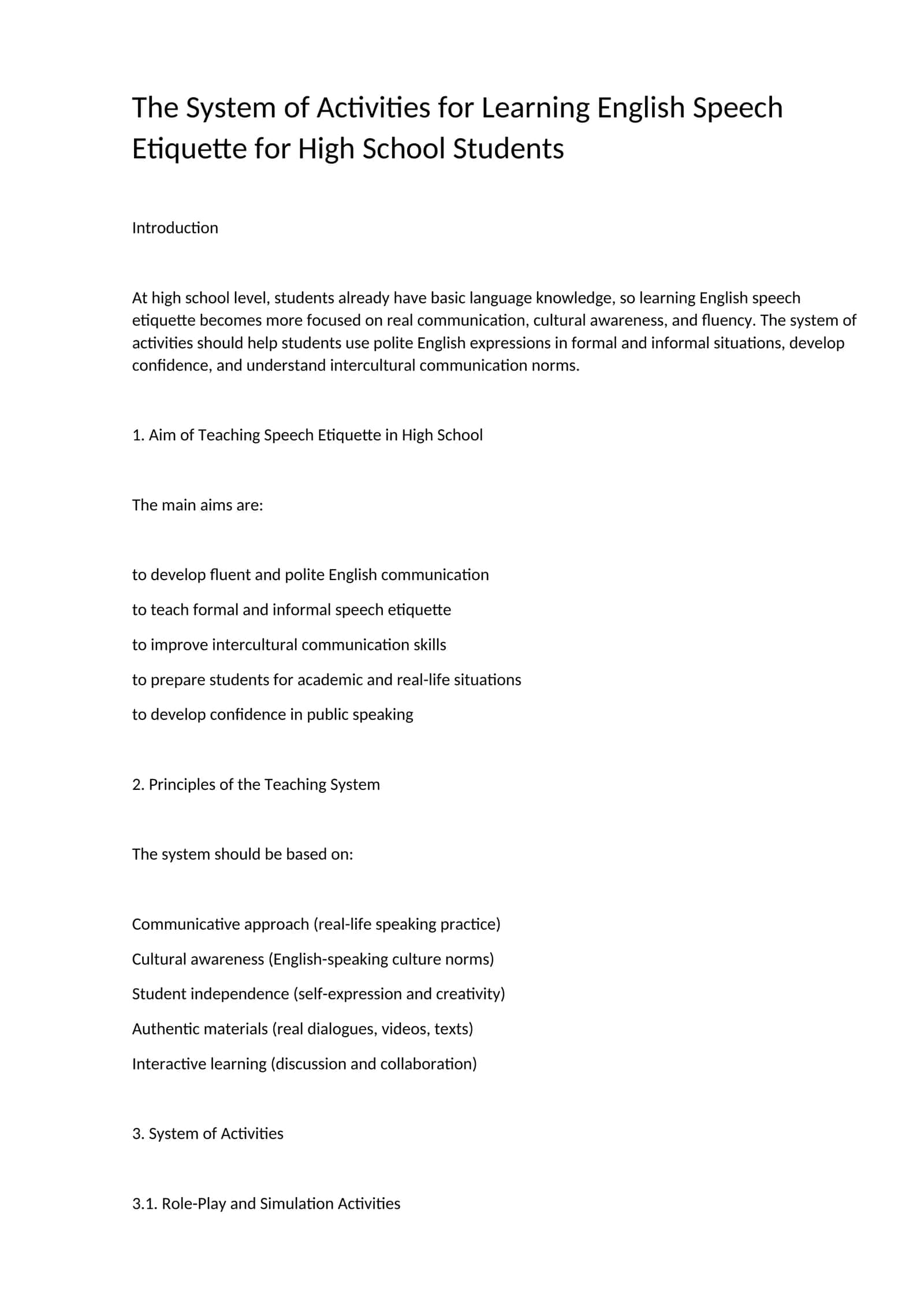 The System of Activities for Learning English Speech Etiquette for High School Students