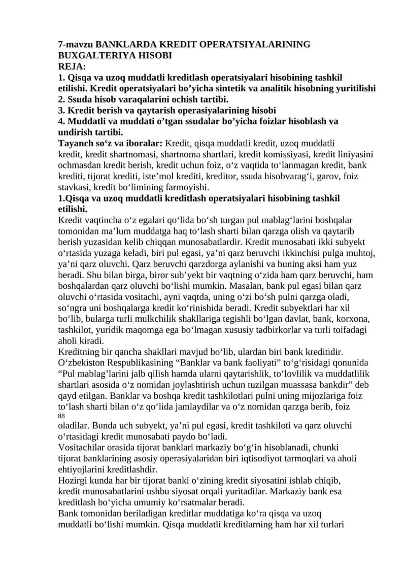 BANKLARDA KREDIT OPERATSIYALARINING BUXGALTERIYA HISOBI
