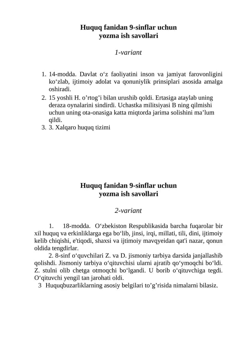 Huquq fanidan 9-sinflar uchun yozma ish savollari