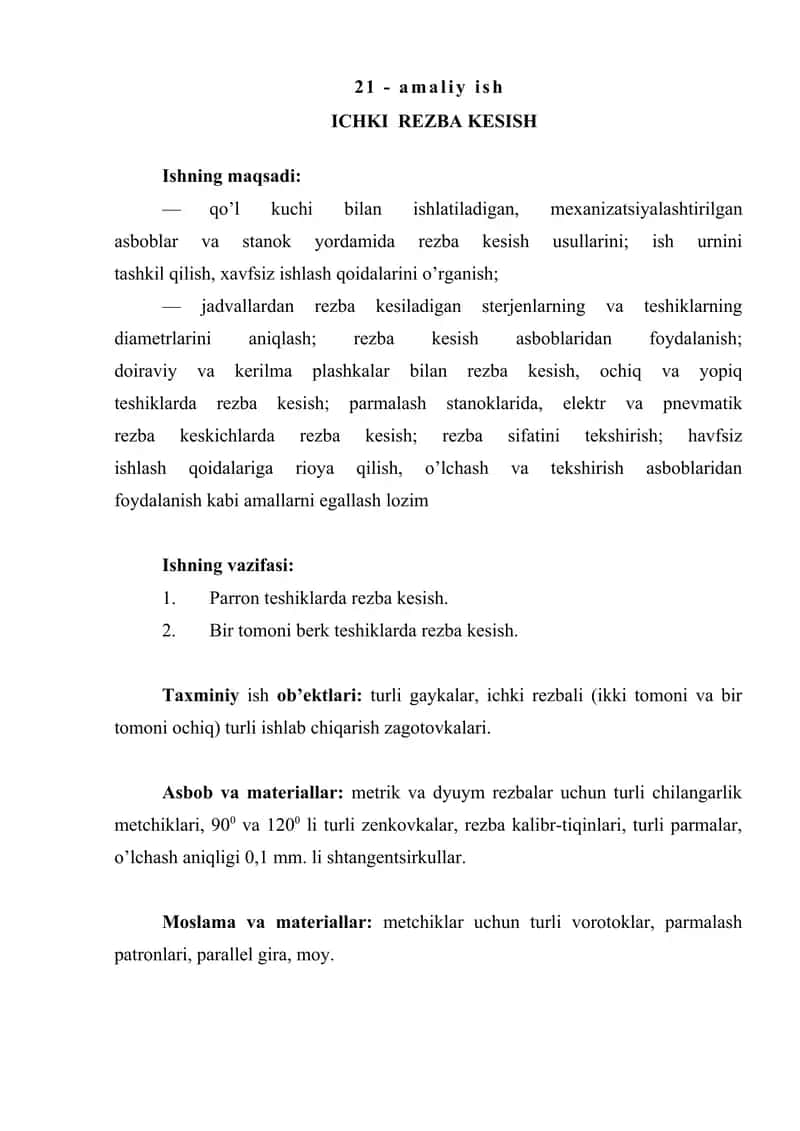 Parron teshiklarda rezba kesish