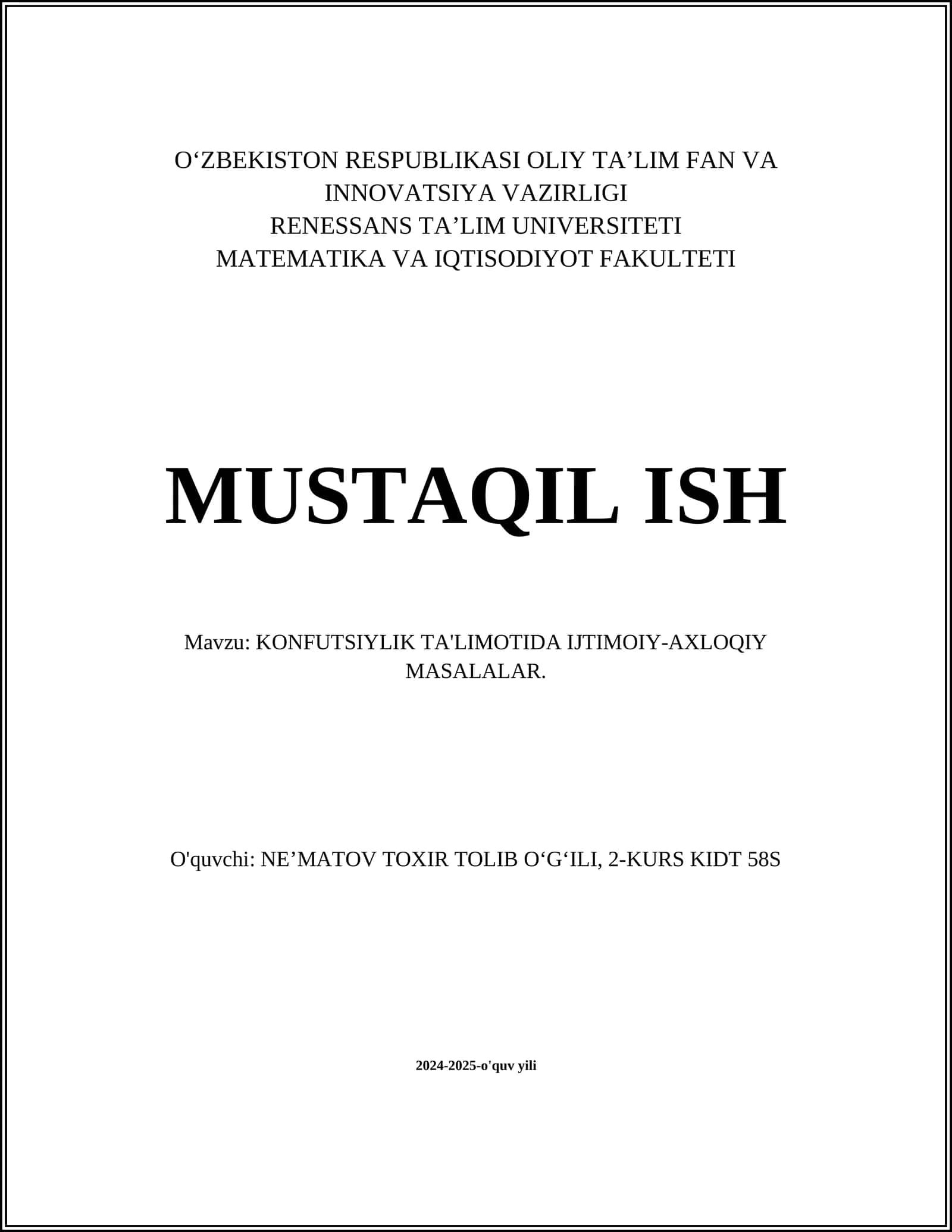 KONFUTSIYLIK TA'LIMOTIDA IJTIMOIY-AXLOQIY MASALALAR