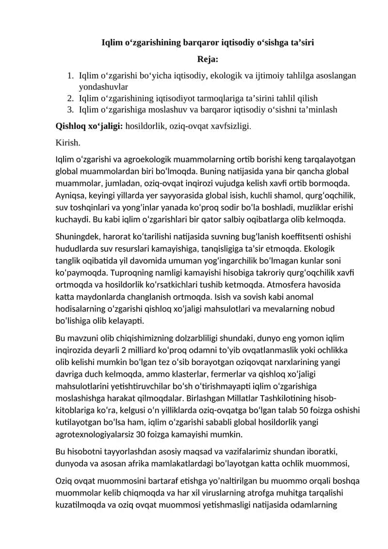 Iqlim o‘zgarishining barqaror iqtisodiy o‘sishga ta’sirisiri