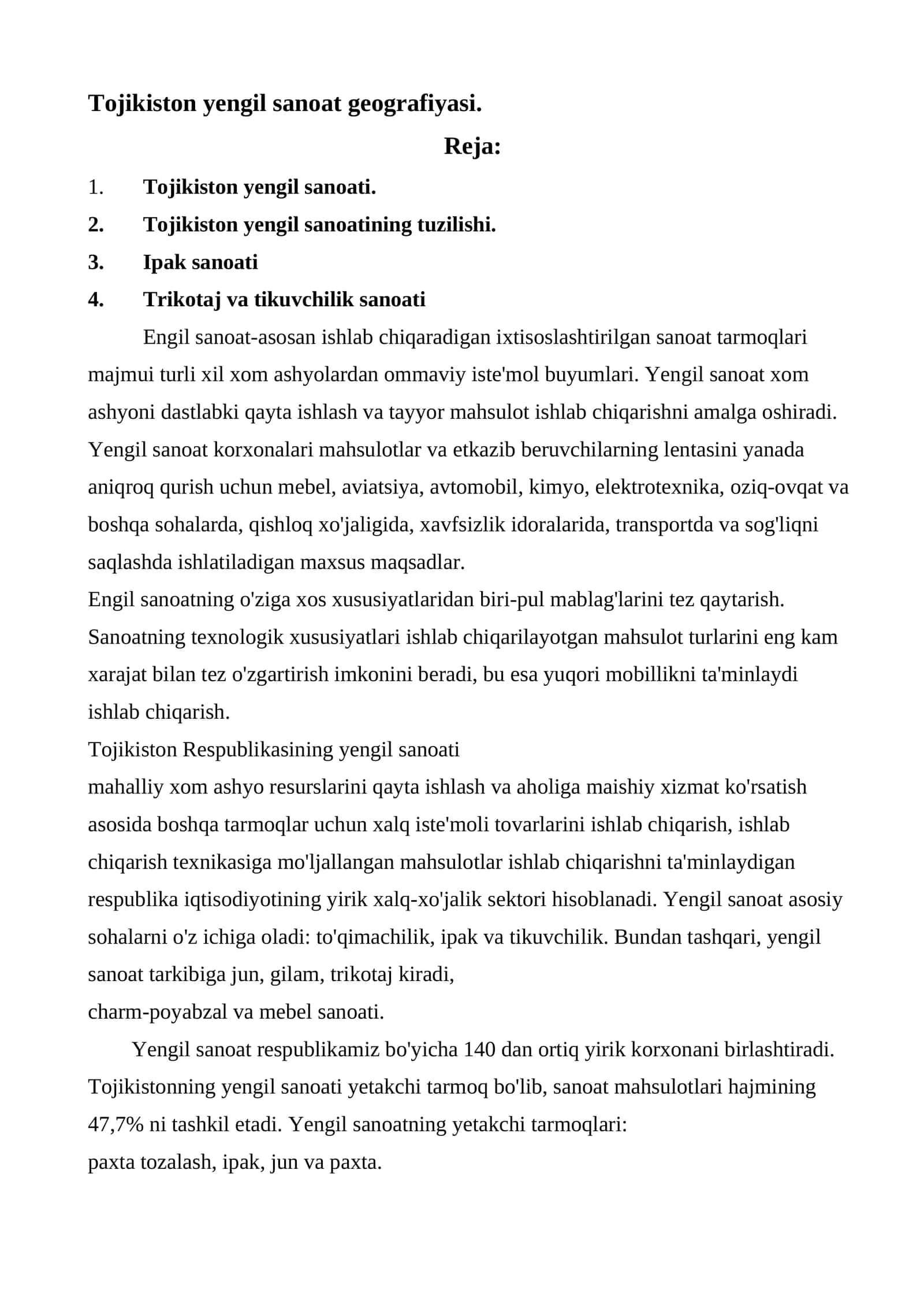 Tojikiston yengil sanoat geografiyasi