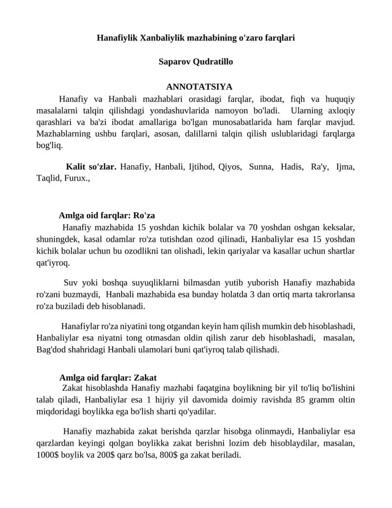 Hanafiylik Xanbaliylik mazhabining o'zaro farqlari
