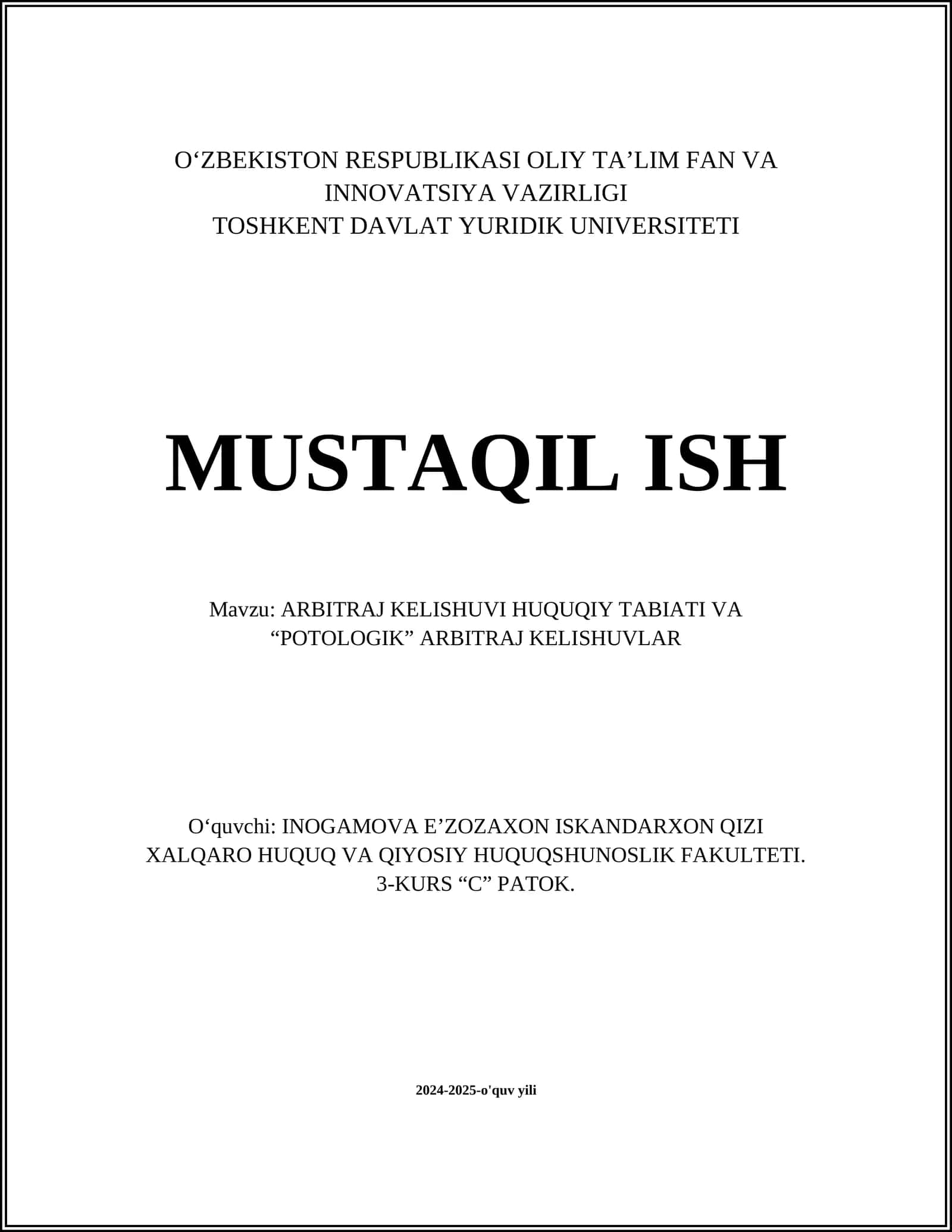 ARBITRAJ KELISHUVI HUQUQIY TABIATI VA “POTOLOGIK” ARBITRAJ KELISHUVLAR