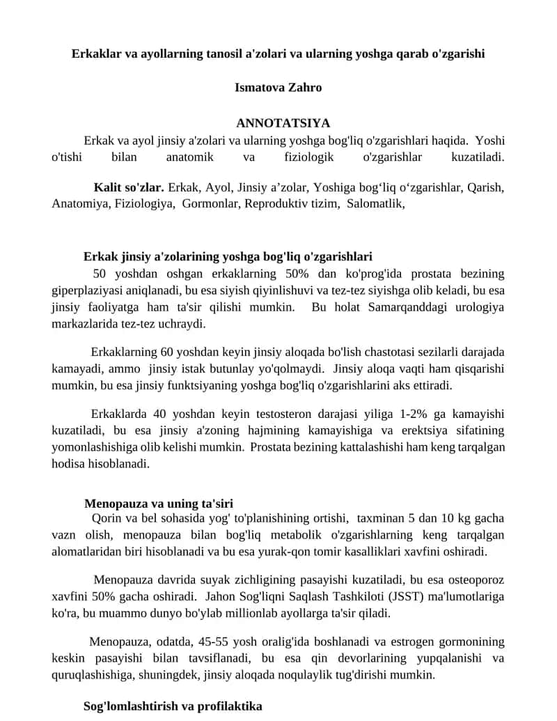 Erkaklar va ayollarning tanosil a'zolari va ularning yoshga qarab o'zgarishi