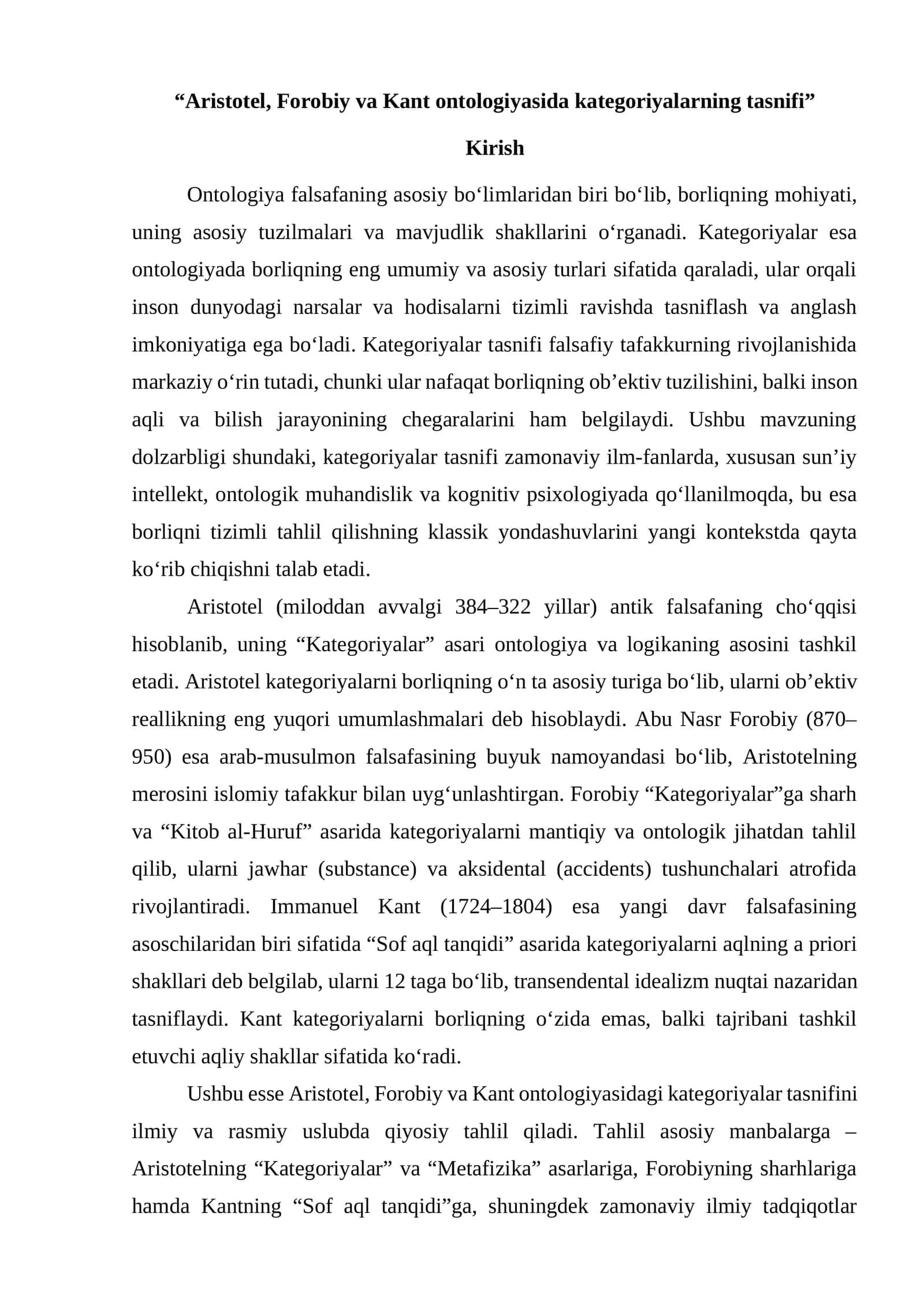 Aristotel, Forobiy va Kant ontologiyasida kategoriyalarning tasnifi