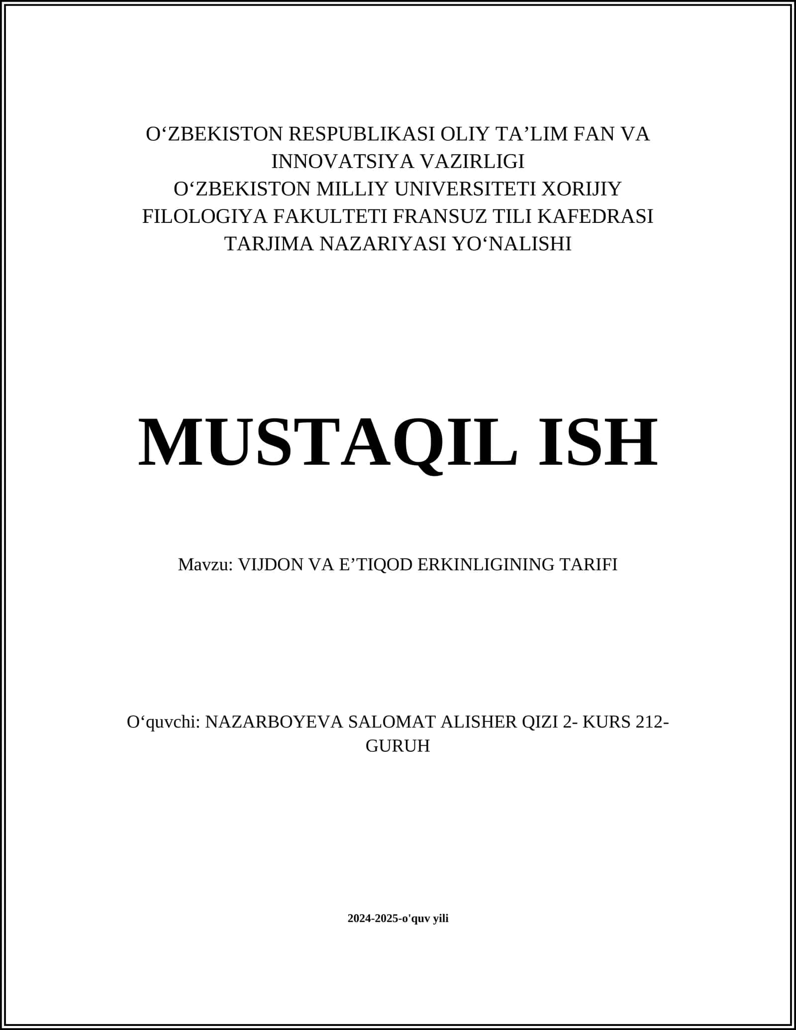 VIJDON VA EʼTIQOD ERKINLIGINING TARIFI