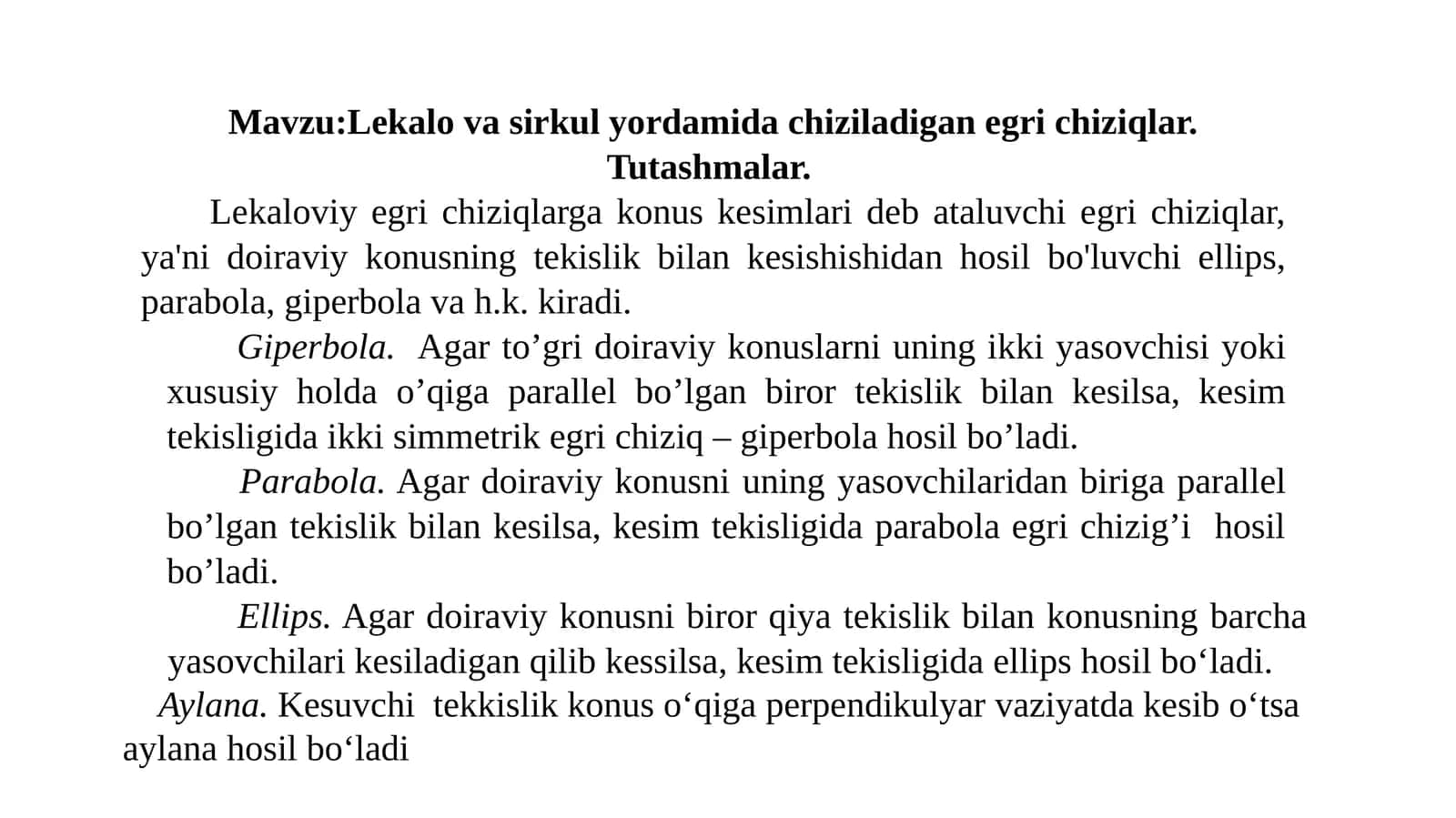 Lekalo va sirkul yordamida chiziladigan egri chiziqlar. Tutashmalar