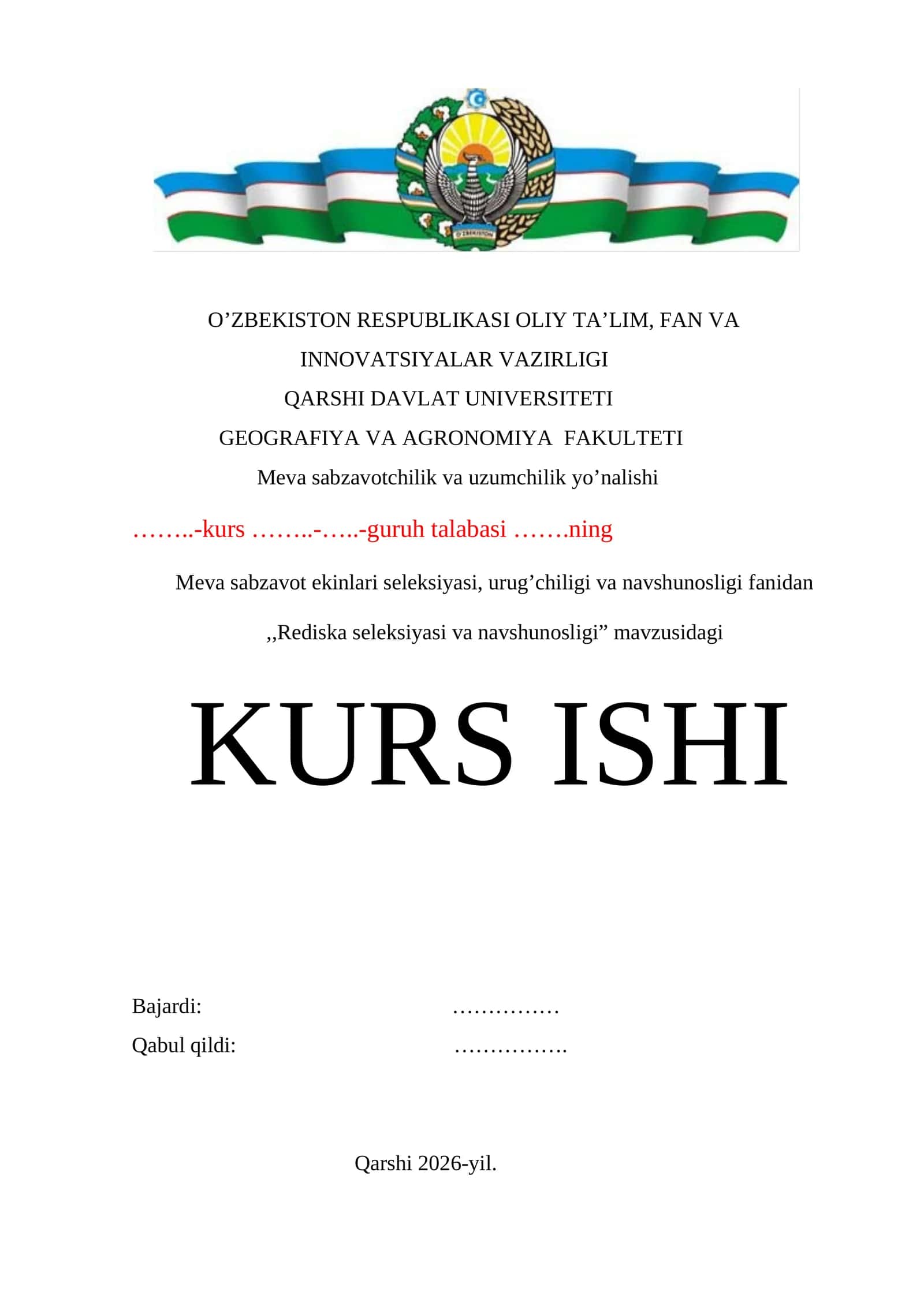 Rediska seleksiyasi va navshunosligi mavzusida tayyor kurs ishi