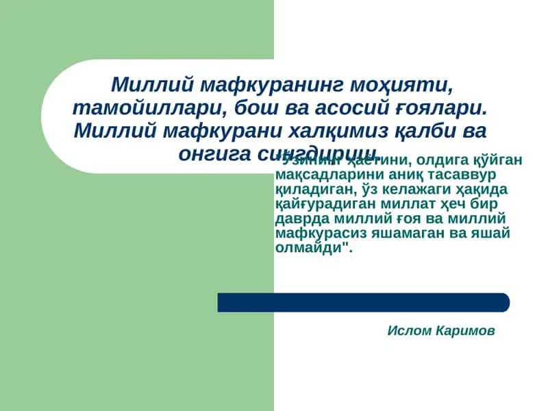 Milliy mafkuraning mohiyati, tamoyillari, bosh va asosiy g'oyalari. Milliy mafkurani xalqimiz qalbi va ongiga singdirish.