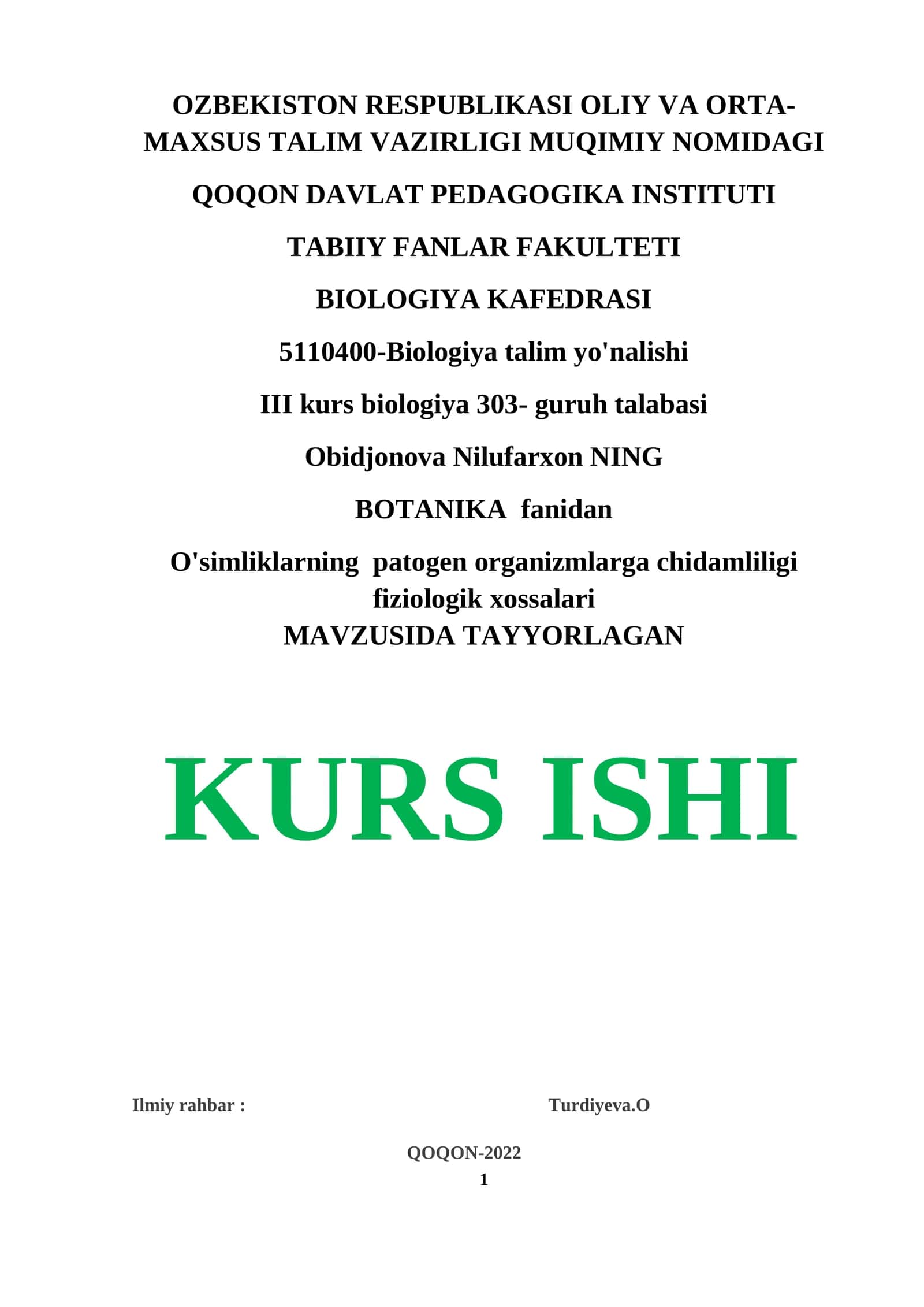 O'simliklarning patogen organizmlarga chidamliligi fiziologik xossalari
