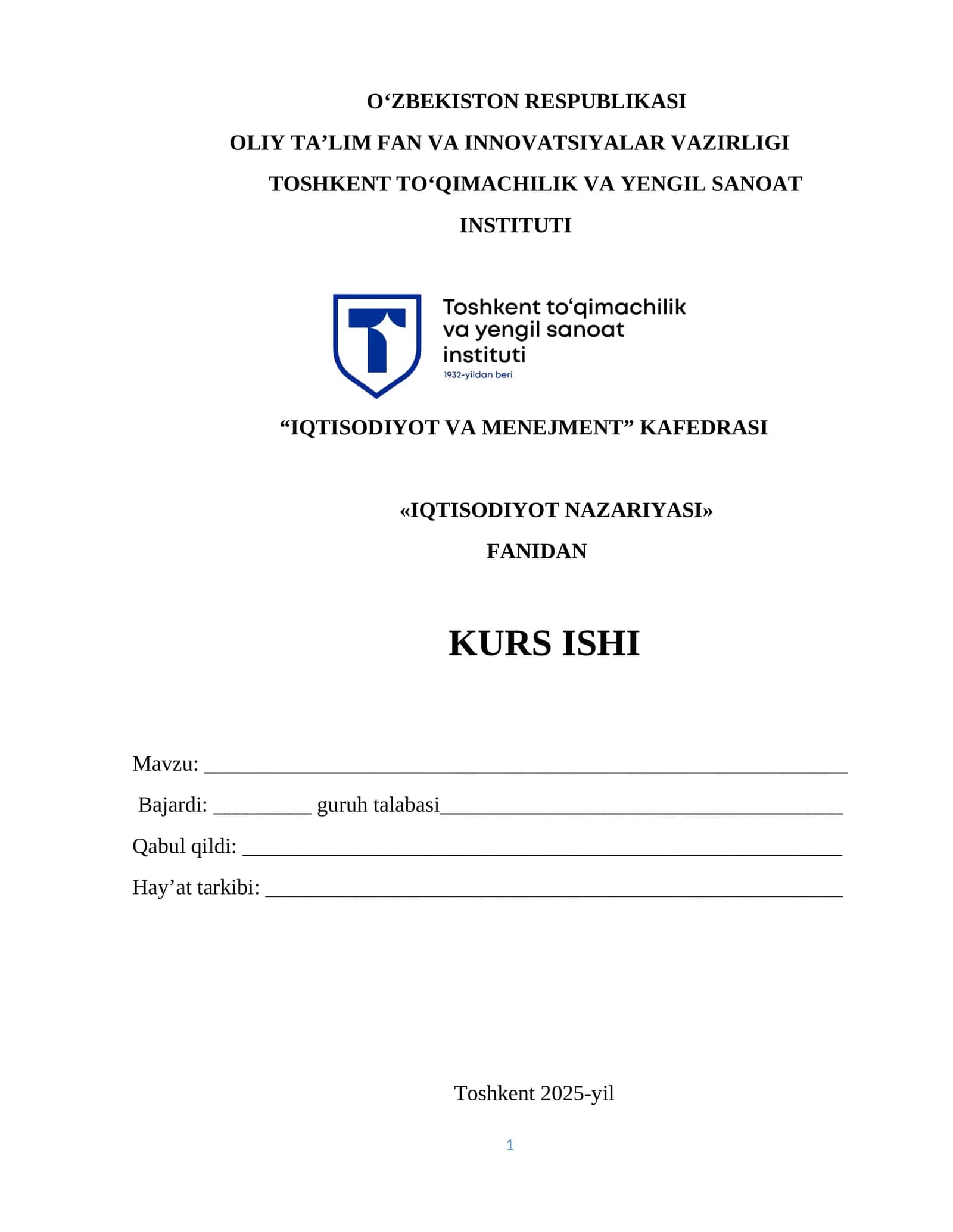 IQTISODIYOT NAZARIYASI KURS ISHI