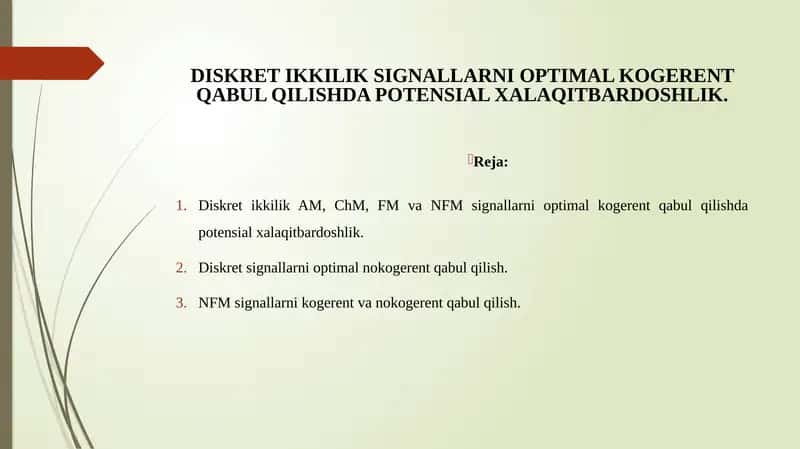 Diskret ikkilik signallarni optimal kogerent qabul qilishda potensial xalaqitbardoshlik