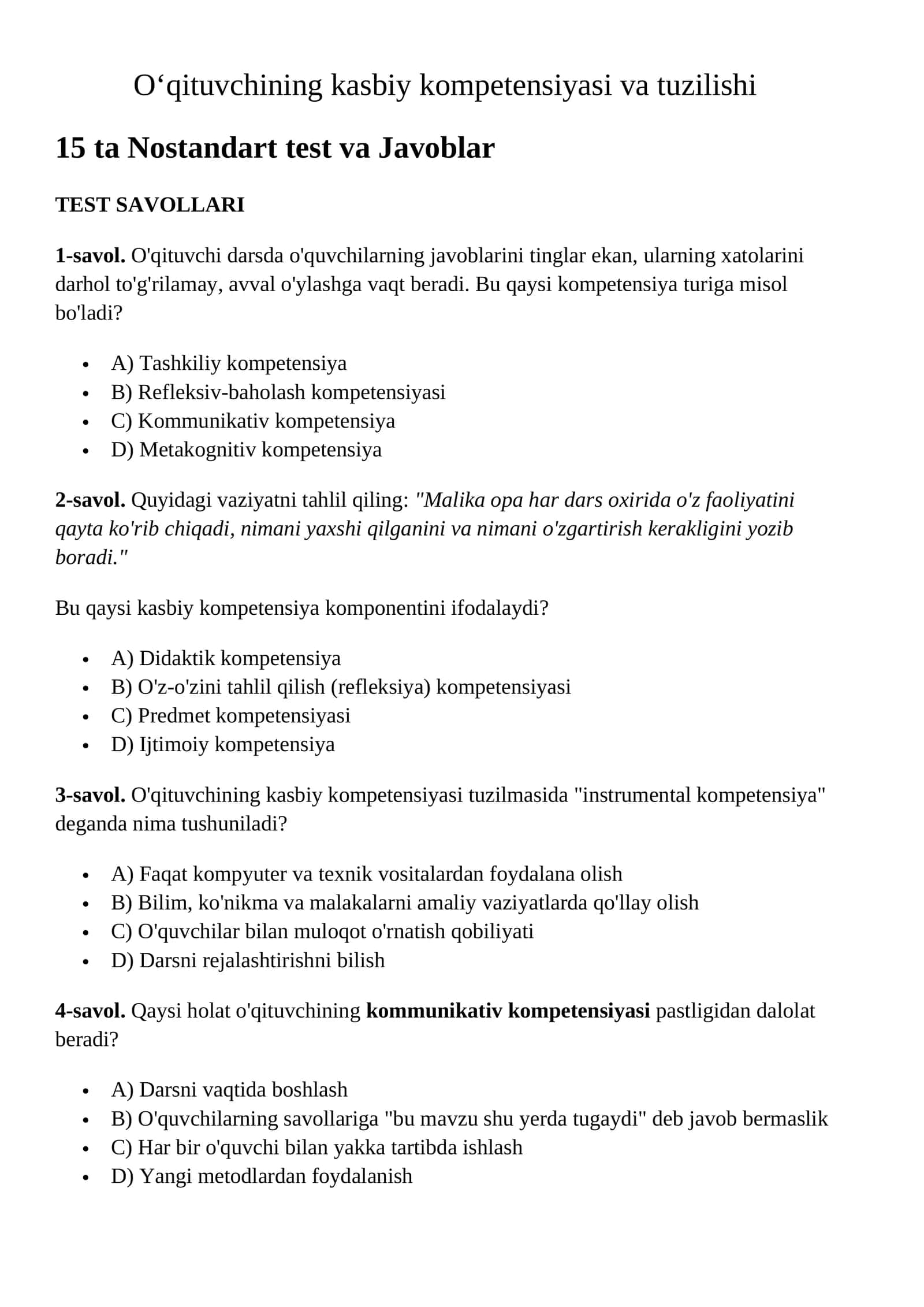 O‘qituvchining kasbiy kompetensiyasi va tuzilishi