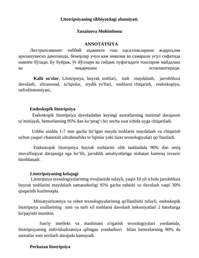 Litotripsiyaning tibbiyotdagi ahamiyati