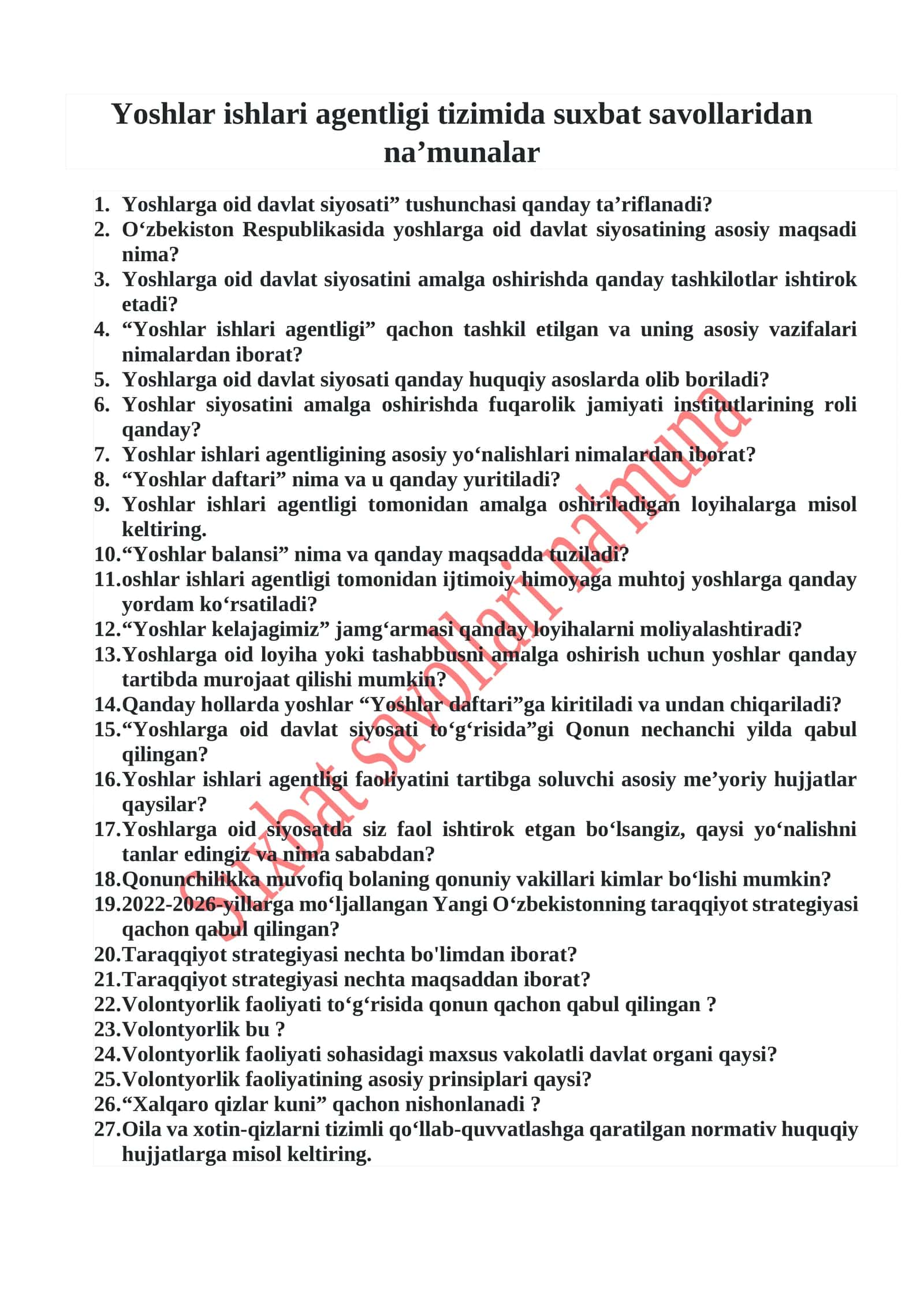 Yoshlar ishlari agentligi tizimida suxbat savollaridan na’munalar