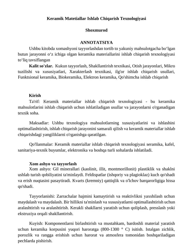 Keramik Matetiallar Ishlab Chiqarish Texnologiyasi