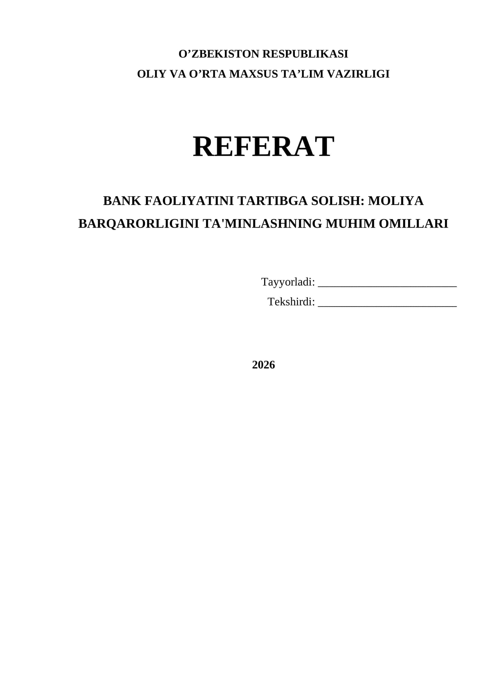 Bank faoliyatini tartibga solish va moliya barqarorligi