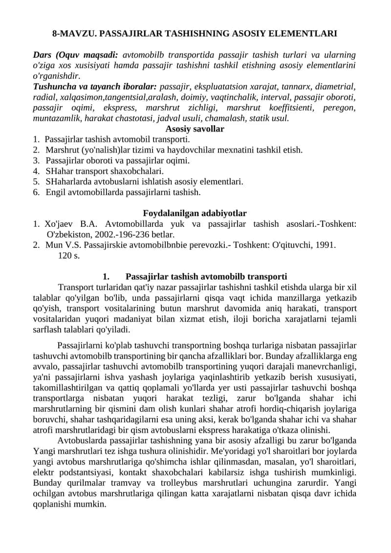PASSAJIRLAR TASHISHNING ASOSIY ELEMENTLARI