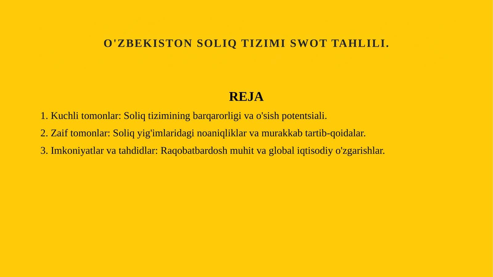O'zbekiston Soliq tizimi SWOT tahlili.li
