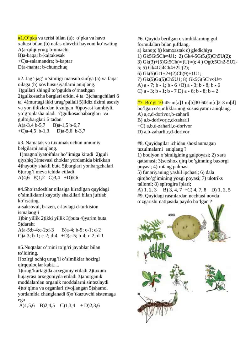 Biologiya fanidan test savollari