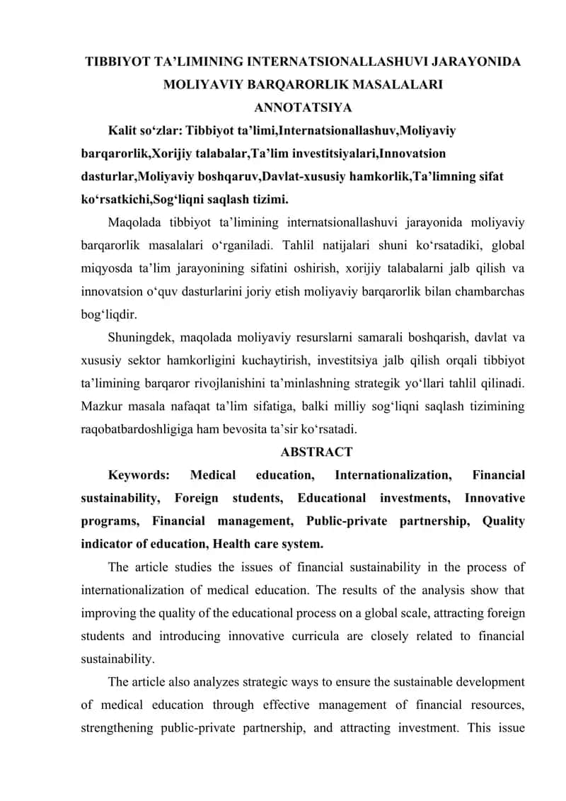 TIBBIYOT TA’LIMINING INTERNATSIONALLASHUVI JARAYONIDA MOLIYAVIY BARQARORLIK MASALALARI