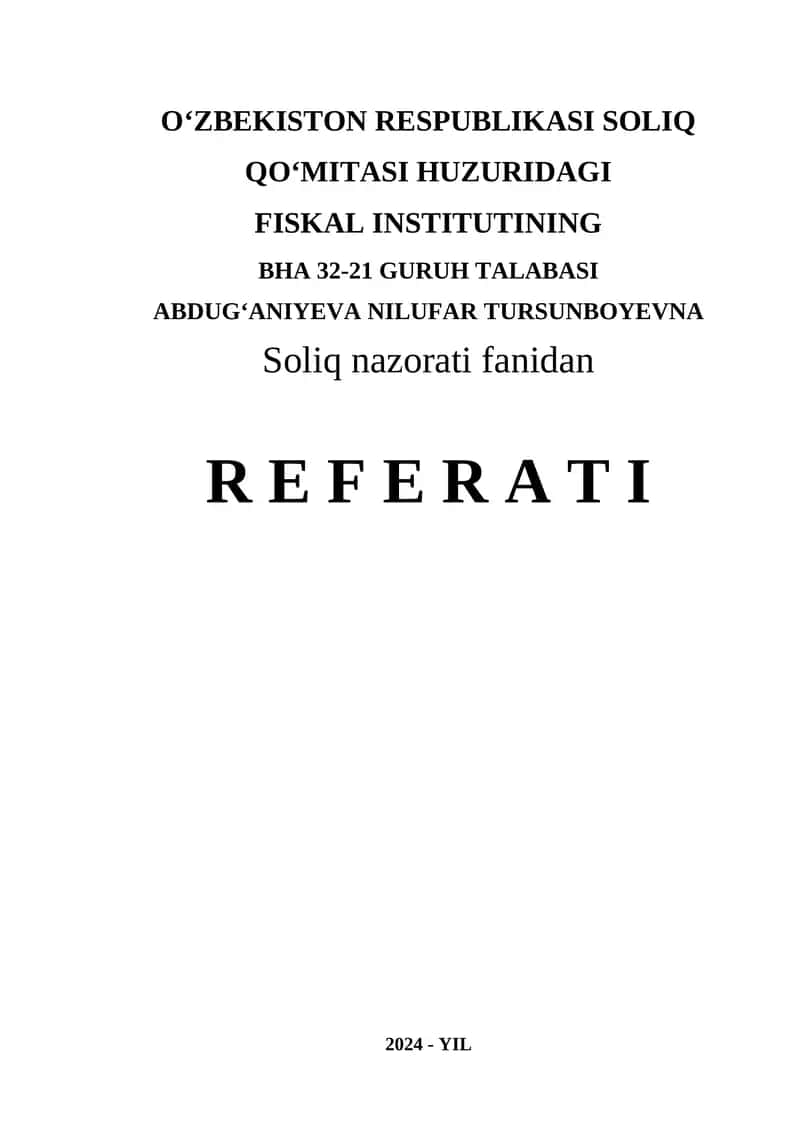 QIRG‘IZISTON RESPUBLIKASIDA SOLIQ NAZORATINI AMALGA OSHIRISH VA UNING HUQUQIY ASOSLARI