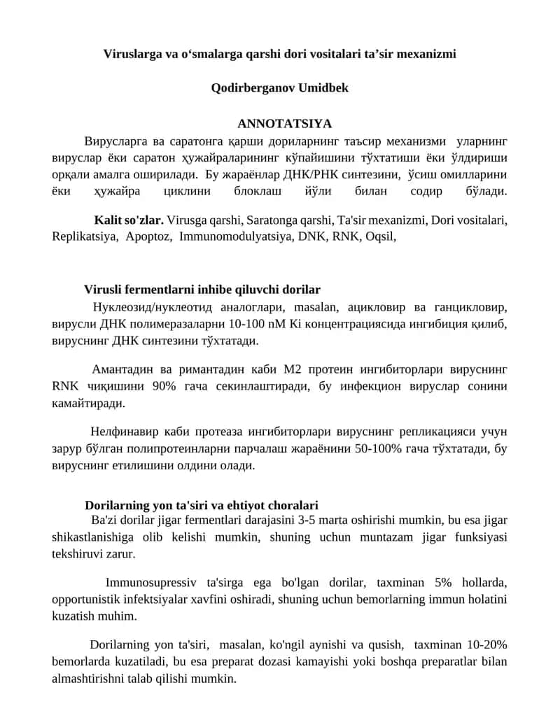 Viruslarga va oʻsmalarga qarshi dori vositalari taʼsir mexanizmi