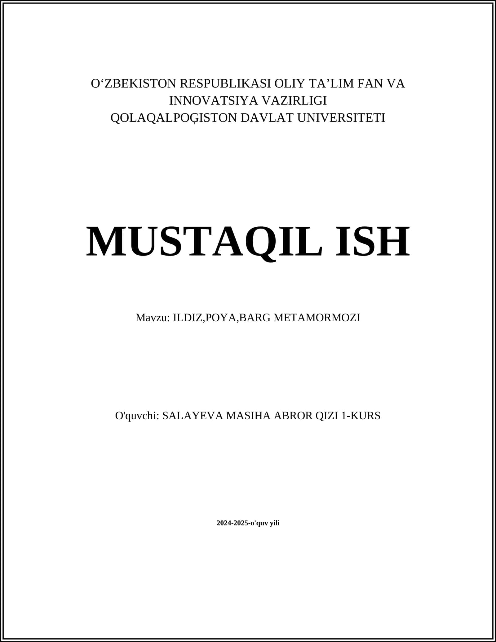ILDIZ, POYA, BARG METAMORMOZI