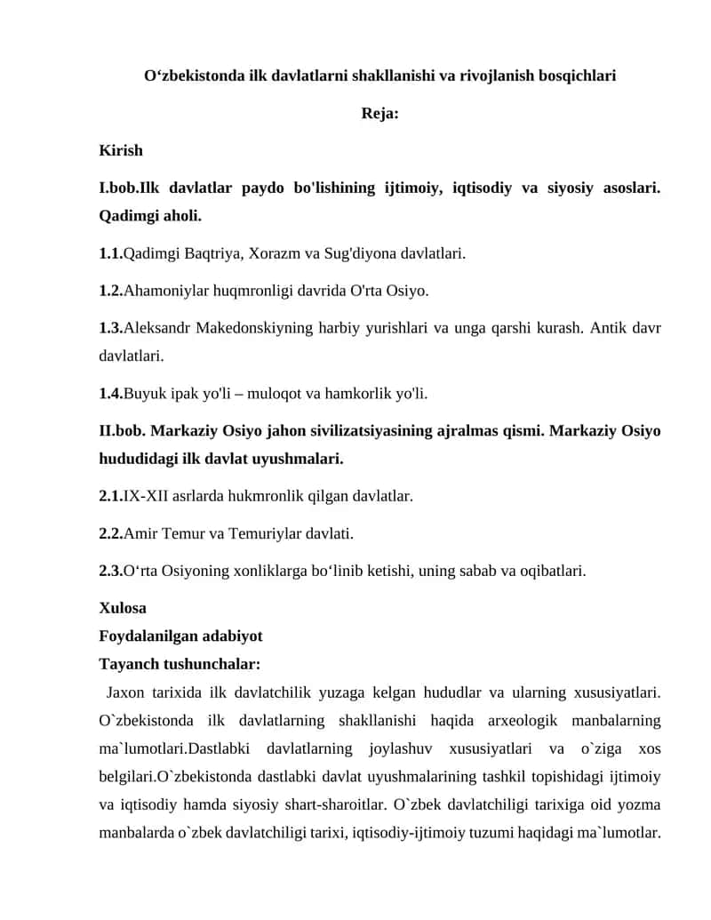 O‘zbekistonda ilk davlatlarni shakllanishi va rivojlanish bosqichlari