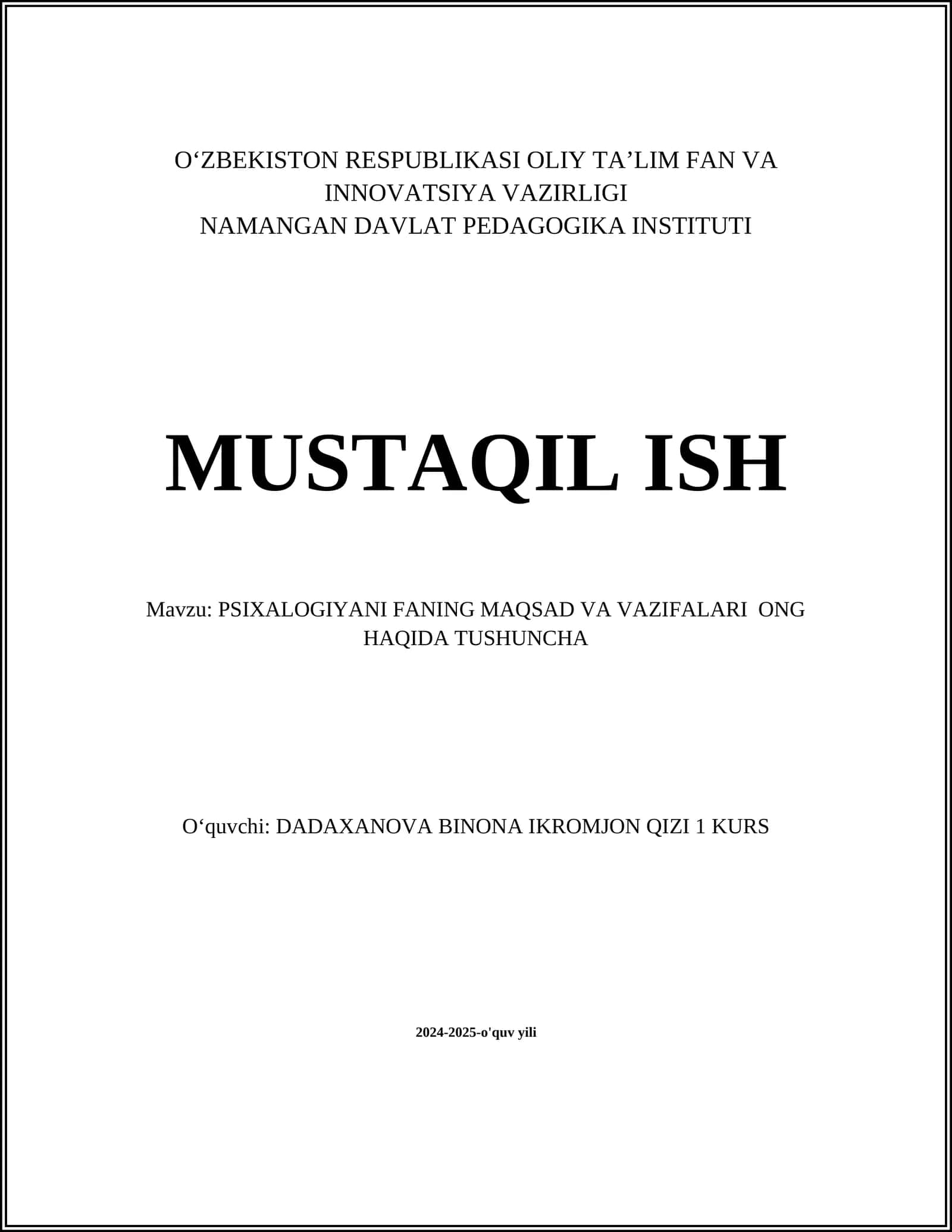 PSIXALOGIYANI FANING MAQSAD VA VAZIFALARI ONG HAQIDA TUSHUNCHA