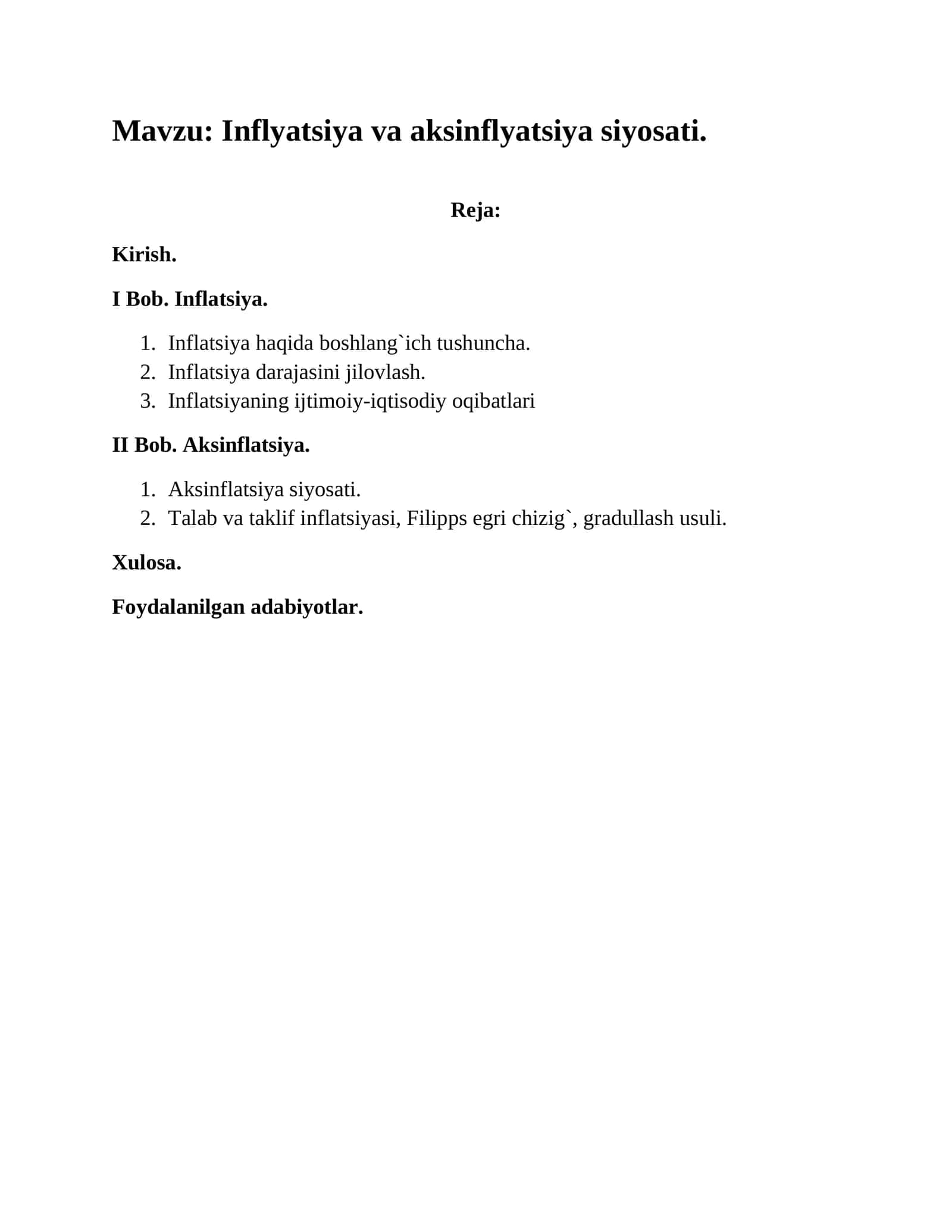 Inflatsiya va aksinflatsiya siyosati