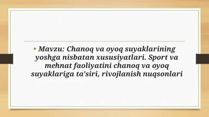 Chanoq va oyoq suyaklarining yoshga nisbatan xususiyatlari. Sport va mehnat faoliyatini chanoq va oyoq suyaklariga ta'siri, rivojlanish nuqsonlari
