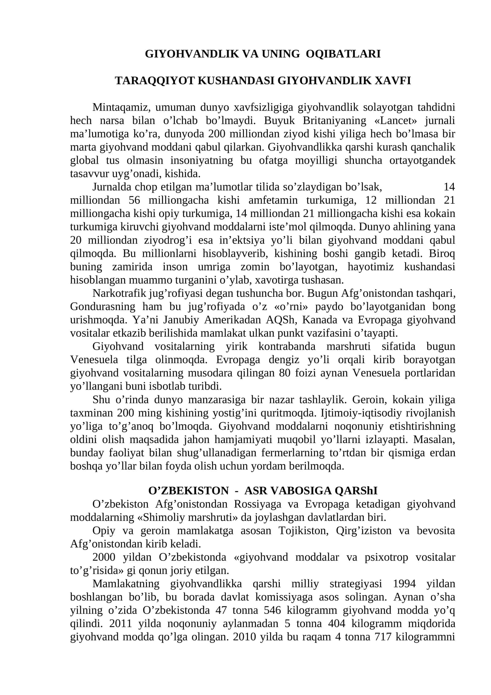 GIYOHVANDLIK VA UNING OQIBATLARI. TARAQQIYOT KUSHANDASI GIYOHVANDLIK XAVFI