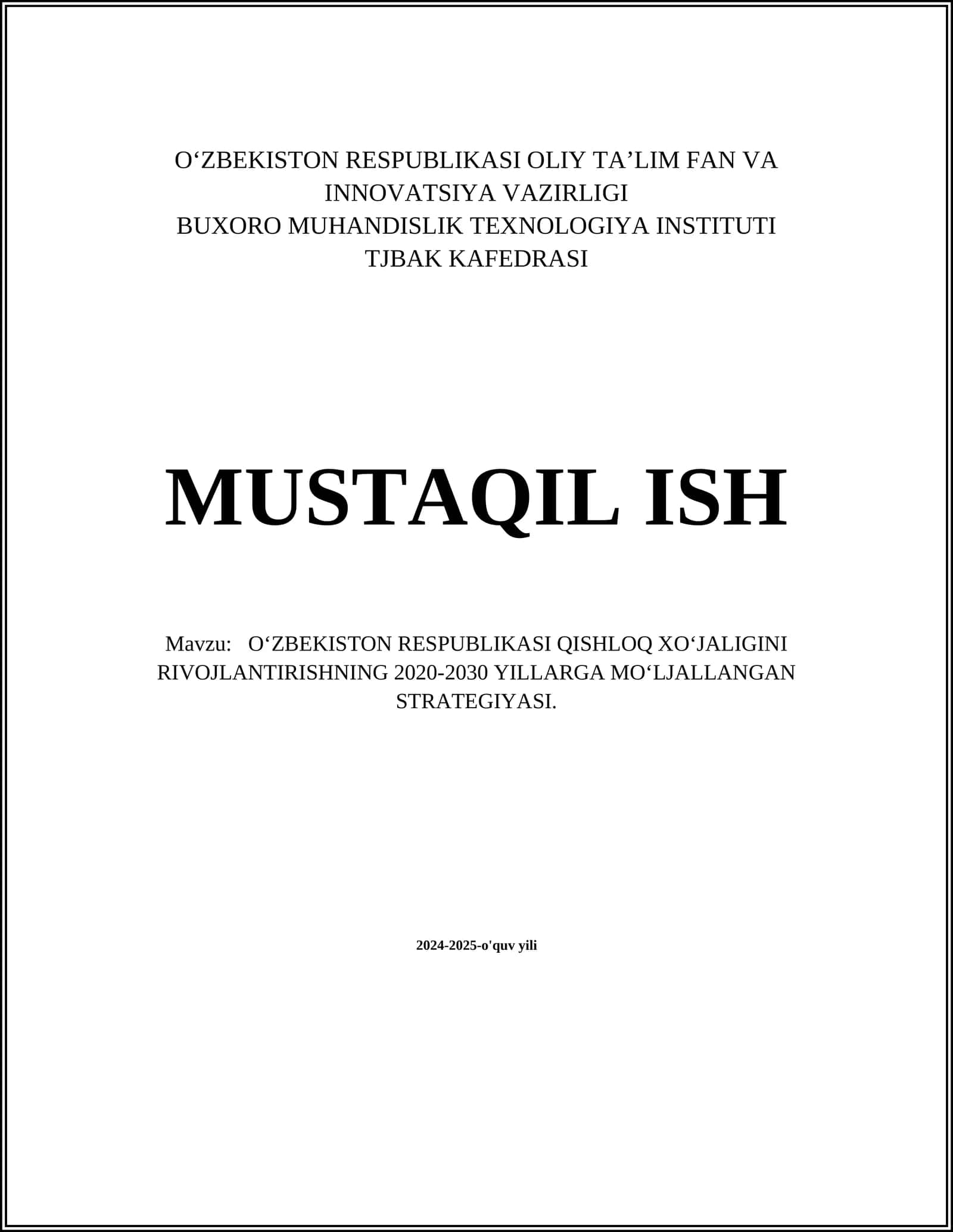 O‘ZBEKISTON RESPUBLIKASI QISHLOQ XO‘JALIGINI RIVOJLANTIRISHNING 2020-2030 YILLARGA MO‘LJALLANGAN STRATEGIYASI