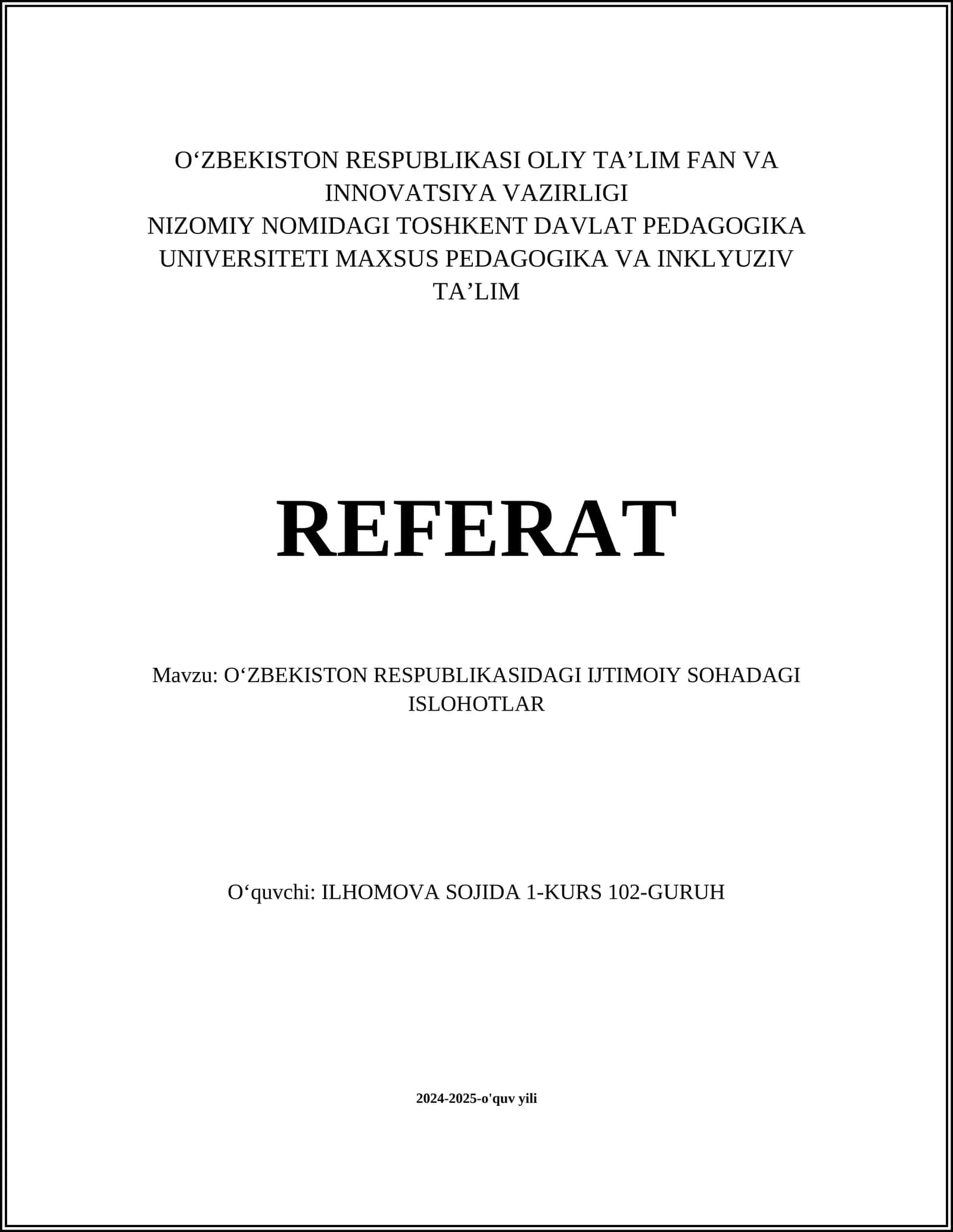 O‘ZBEKISTON RESPUBLIKASIDAGI IJTIMOIY SOHADAGI ISLOHOTLAR