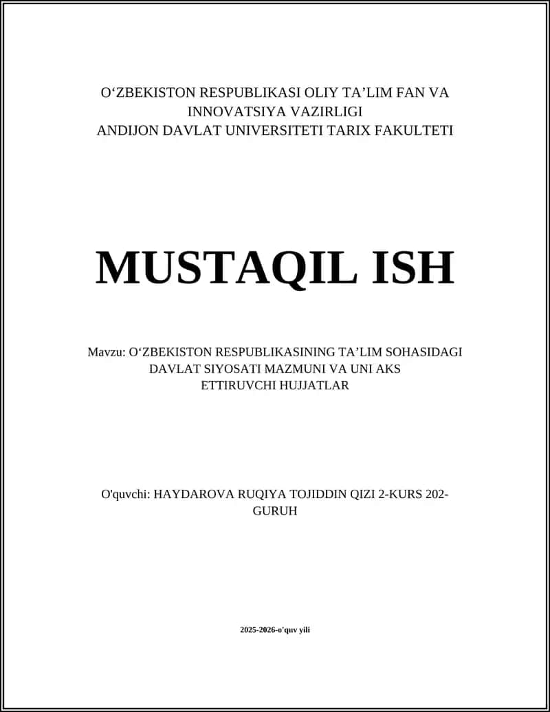 O'ZBEKISTON RESPUBLIKASI TA'LIM SOHASIDAGI DAVLAT SIYOSATI