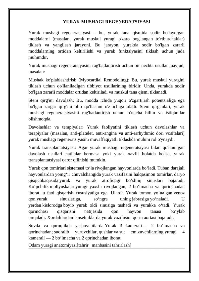 Yurak Mushagi Regeneratsiyasi