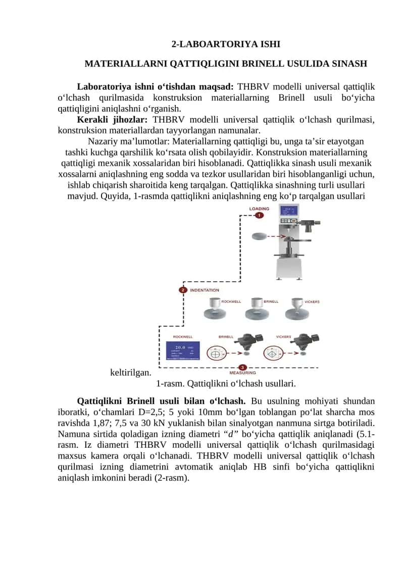 Qattiqlikni Brinell usuli bilan o‘lchash