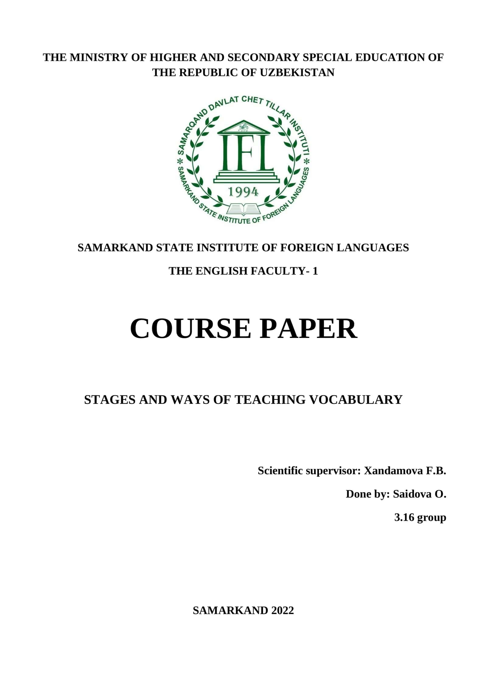 STAGES AND WAYS OF TEACHING VOCABULARY