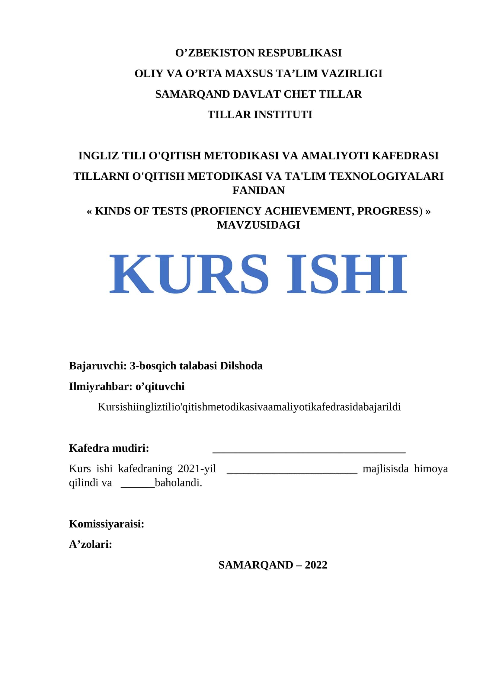 Kinds of Tests (Proficiency Achievement, Progress) - Kurs Ishi