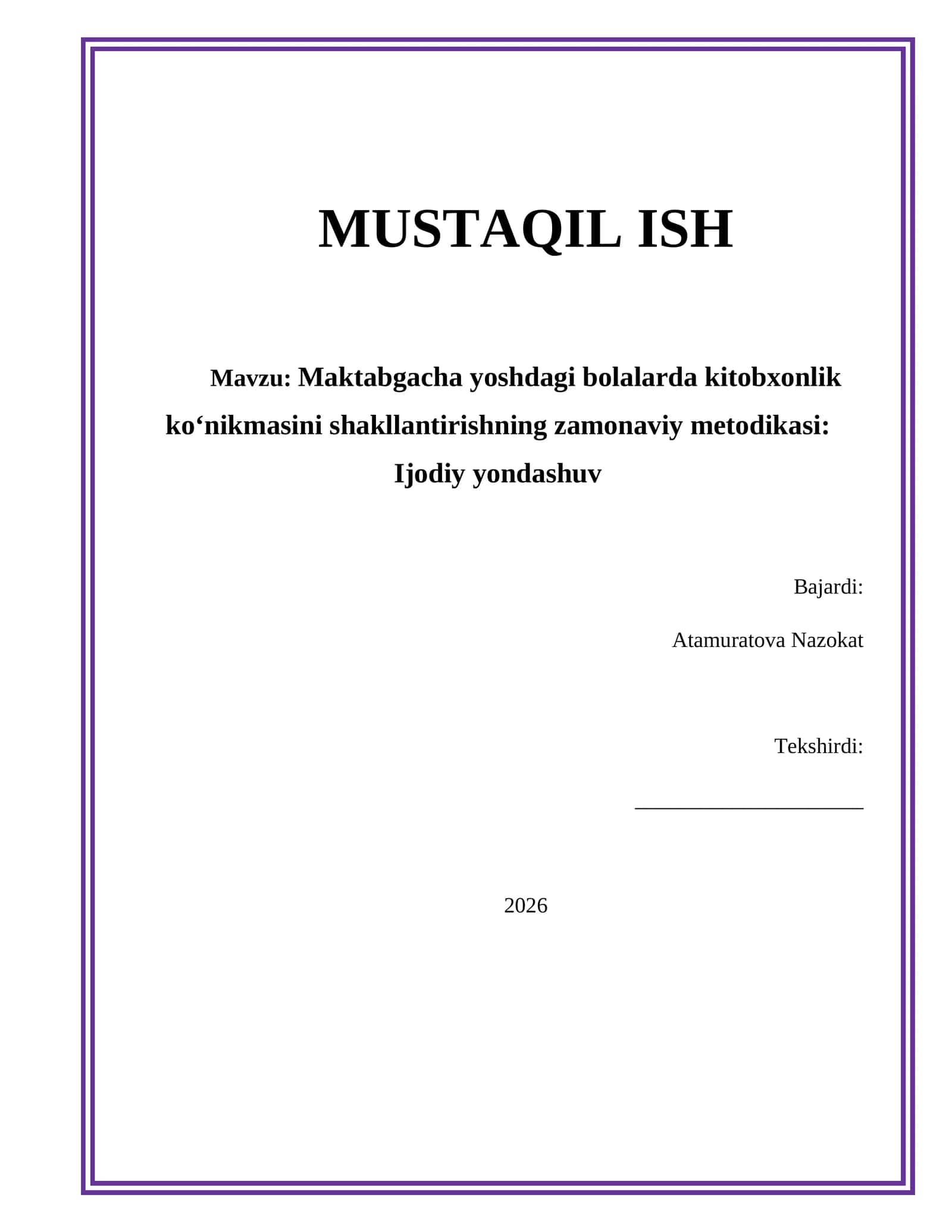 Maktabgacha yoshdagi bolalarda kitobxonlik ko‘nikmasini shakllantirishning zamonaviy metodikasi: Ijodiy yondashuv