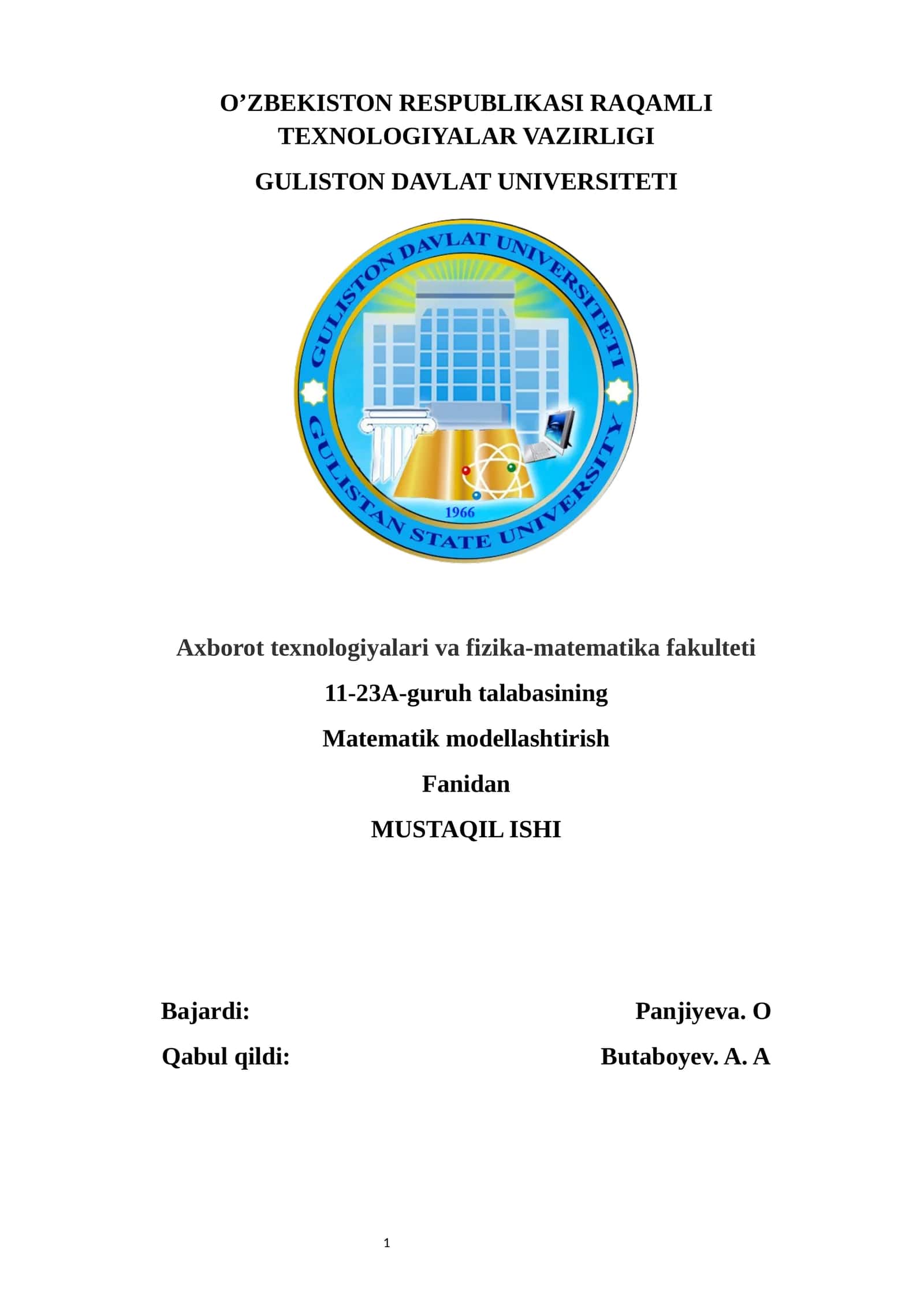 Matematik modellashtirish Fanidan - MUSTAQIL ISHI