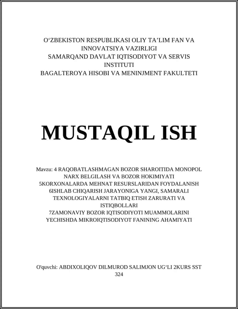 MONOPOL NARX BELGILASH VA BOZOR HOKIMIYATI